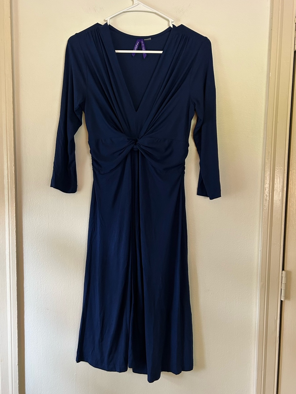Seraphine Blue Quarter Sleeve Ruched Stretch Maternity Dress Size 2